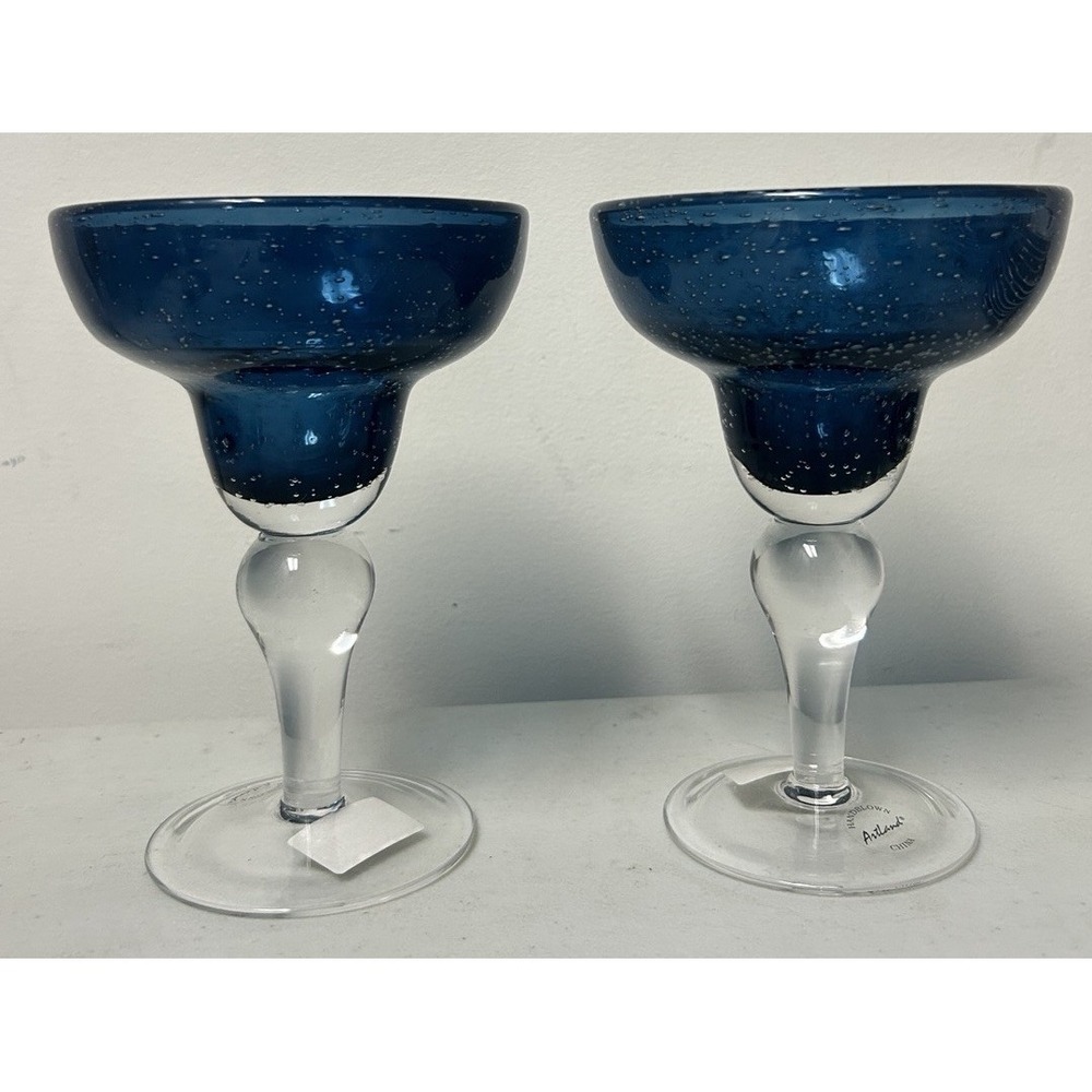 NWT Set Of 2 Artland Iris Slate Blue Margarita Glass 6 1/2 Inches Tall